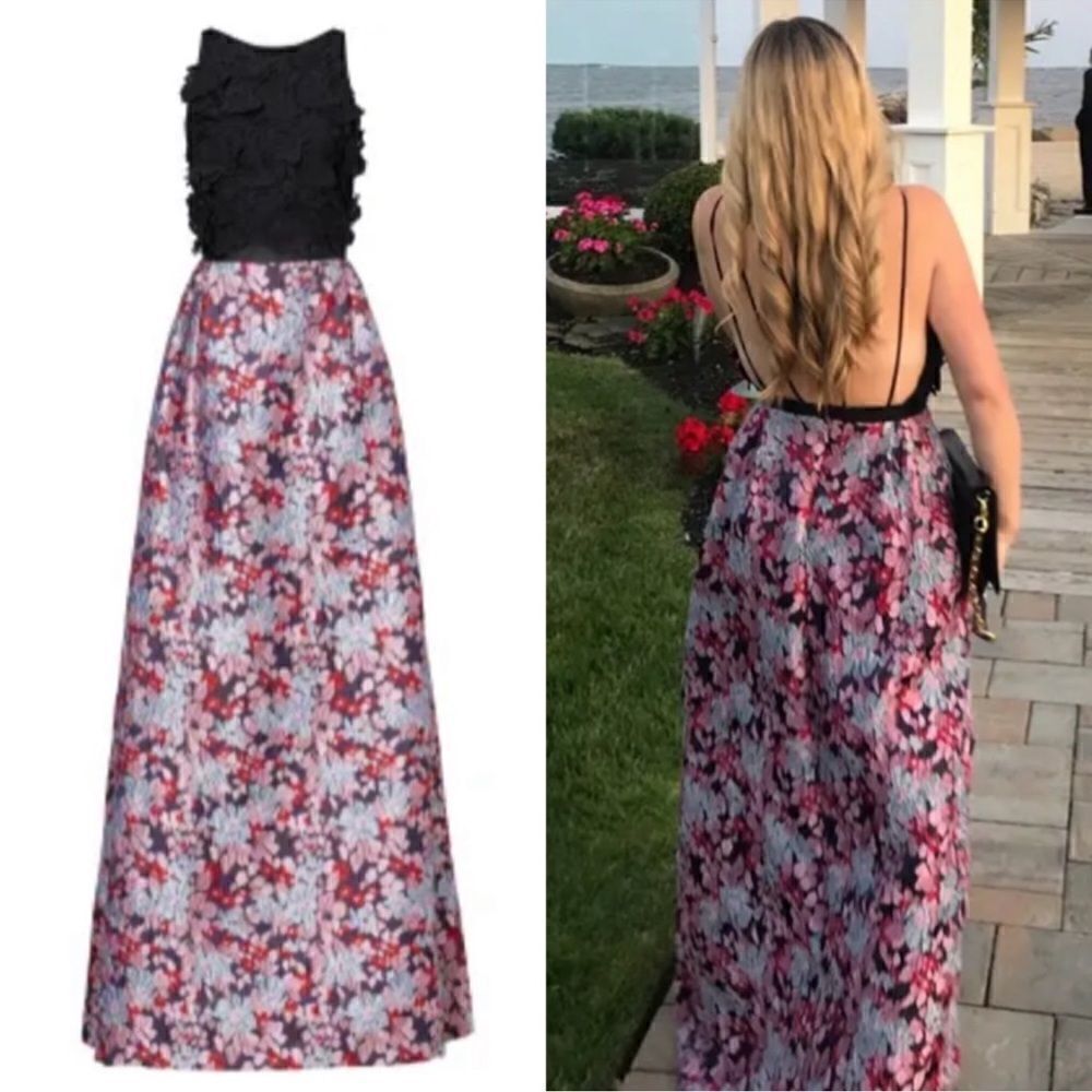 Monique Lhuillier Black Multi Long Floral Dress Gown 12